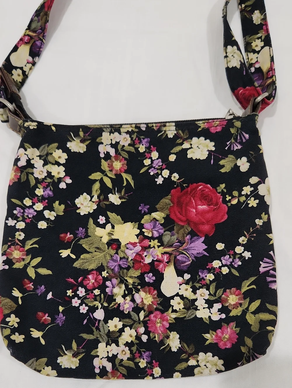 Floral Crossbody Bag - Black with Red Rose Print
